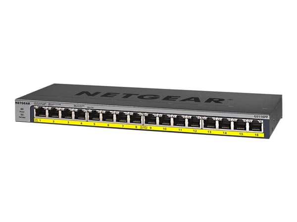NETGEAR GS116LP - Kytkin - 16 x 10/100/1000 (PoE+) - pöytä, jalusta-asennettava, seinäasennettava - PoE+ (76 W) - DC-virransyöttö musta