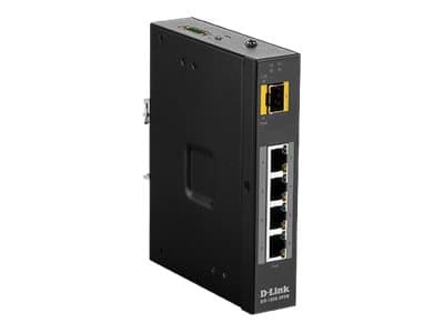 D-Link DIS 100G-5PSW - Switch - ohanterad - 4 x 10/100/1000 (PoE+) + 1 x Gigabit SFP - DIN-skenmonterbar, väggmonterbar - PoE+ (120 W) - likström Svart