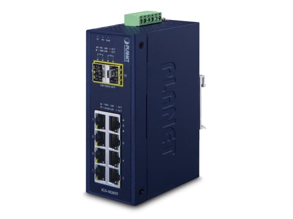 PLANET IGS-1020TF - Switch - ikke-styrt - 8 x 10/100/1000 + 2 x Gigabit SFP - DIN-skinnemonterbar - AC 24 V / DC 12 - 48 V