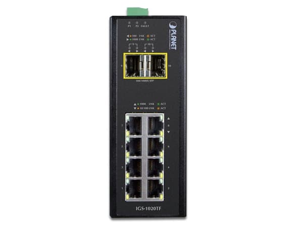 PLANET IGS-1020TF - Switch - ikke-styrt - 8 x 10/100/1000 + 2 x Gigabit SFP - DIN-skinnemonterbar - AC 24 V / DC 12 - 48 V