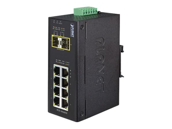 PLANET IGS-1020TF - Switch - ikke-styrt - 8 x 10/100/1000 + 2 x Gigabit SFP - DIN-skinnemonterbar - AC 24 V / DC 12 - 48 V Blå