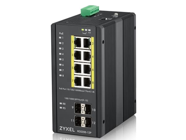 Zyxel RGS200-12P - Switch - Administrerad - 8 x 10/100/1000 (PoE+) + 4 x SFP - DIN-skenmonterbar, rackmonterbar - PoE+ (240 W) - likström