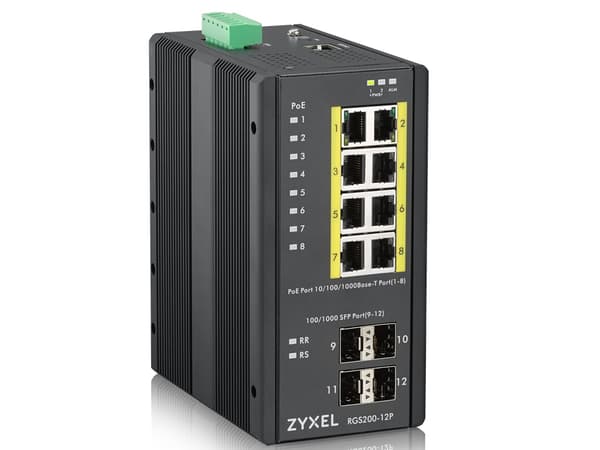 Zyxel RGS200-12P - Switch - Administrerad - 8 x 10/100/1000 (PoE+) + 4 x SFP - DIN-skenmonterbar, rackmonterbar - PoE+ (240 W) - likström