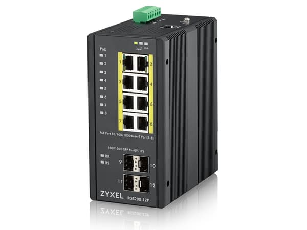 Zyxel RGS200-12P - Switch - Administrerad - 8 x 10/100/1000 (PoE+) + 4 x SFP - DIN-skenmonterbar, rackmonterbar - PoE+ (240 W) - likström