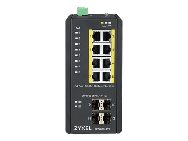 Zyxel RGS200-12P - Switch - Administrerad - 8 x 10/100/1000 (PoE+) + 4 x SFP - DIN-skenmonterbar, rackmonterbar - PoE+ (240 W) - likström Svart