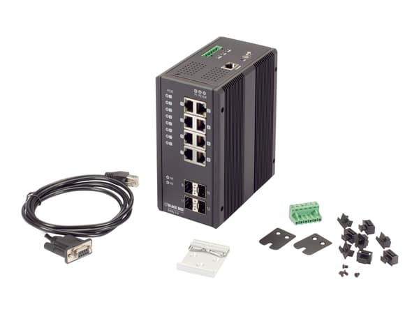 Black Box Industrial Managed Ethernet PoE+ Switch - Switch - Styrt - 8 x 10/100/1000 (PoE+) + 4 x SFP - stasjonær, DIN-skinnemonterbar, veggmonterbar Sort