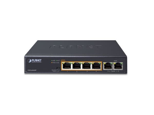 PLANET FSD-604HP, Ohanterad, Fast Ethernet (10/100), Full duplex, Strömförsörjning via Ethernet (PoE) stöd