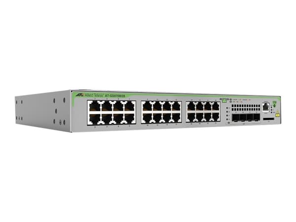 Allied Telesis CentreCOM AT-GS970M/28 - Switch - L3 - Styrt - 24 x 10/100/1000 + 4 x SFP (mini-GBIC) (opplink) - stasjonær Grå