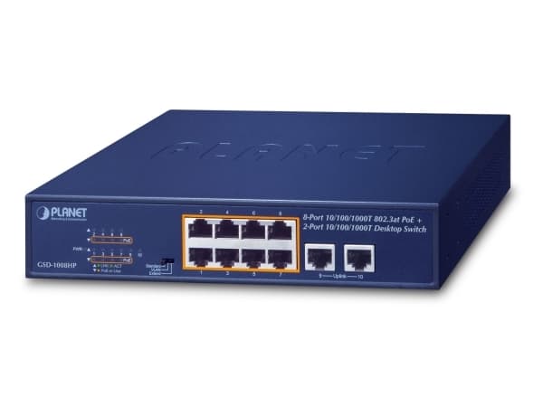 PLANET GSD-1008HP, Ohanterad, Gigabit Ethernet (10/100/1000), Full duplex, Strömförsörjning via Ethernet (PoE) stöd, Rackmontering, 1U