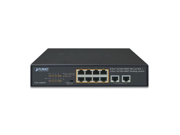 PLANET GSD-1008HP, Ohanterad, Gigabit Ethernet (10/100/1000), Full duplex, Strömförsörjning via Ethernet (PoE) stöd, Rackmontering, 1U