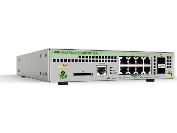 Allied Telesis CentreCOM AT-GS970M/10PS - Switch - L3 - Administrerad - 8 x 10/100/1000 (PoE+) + 2 x SFP (mini-GBIC) (upplänk) - skrivbordsmodell - P