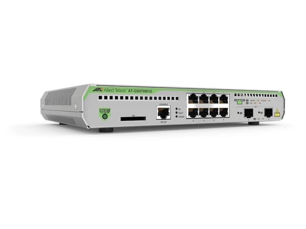 Allied Telesis CentreCOM AT-GS970M/10PS - Switch - L3 - Administrerad - 8 x 10/100/1000 (PoE+) + 2 x SFP (mini-GBIC) (upplänk) - skrivbordsmodell - P
