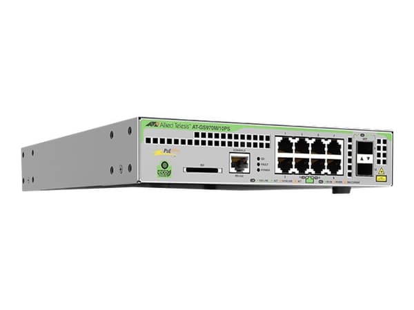 Allied Telesis CentreCOM AT-GS970M/10PS - Switch - L3 - Administrerad - 8 x 10/100/1000 (PoE+) + 2 x SFP (mini-GBIC) (upplänk) - skrivbordsmodell - P Svart, Grå