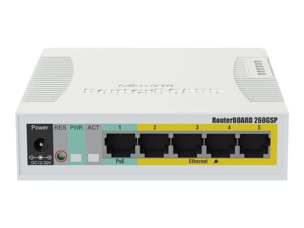 MikroTik RouterBOARD RB260GSP - Switch - Administrerad - 5 x 10/100/1000 (4 PoE) + 1 x SFP - skrivbordsmodell - PoE Vit