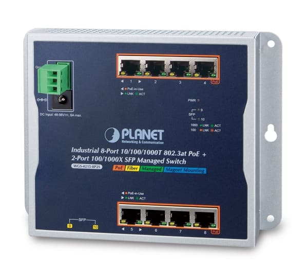 PLANET WGS-4215-8P2S - Switch - Administrerad - 8 x 10/100/1000 (PoE+) + 2 x SFP - DIN-skenmonterbar, väggmonterbar - PoE+ (200 W) - likström