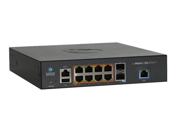 Cambium Networks cnMatrix EX2010-P - Kytkin - Administreret - 8 x 10/100/1000 (PoE+) + 2 x SFP (mini-GBIC) (uplink) - monterbar på stativ - PoE+ (100 musta