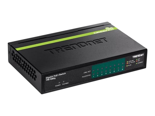 TRENDnet TPE TG82G - Switch - 8 x 10/100/1000 (PoE+) - skrivbordsmodell - PoE+ (61 W) - TAA-kompatibel Svart