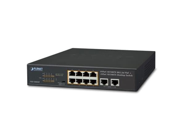 PLANET FSD-1008HP, Ohanterad, Fast Ethernet (10/100), Full duplex, Strömförsörjning via Ethernet (PoE) stöd, Rackmontering, 1U