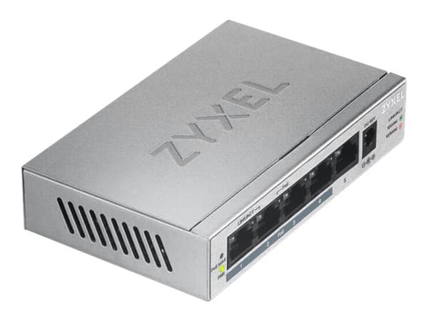 Zyxel GS1005HP - Switch - ohanterad - 4 x 10/100/1000 (PoE+) + 1 x 10/100/1000 - väggmonterbar, skrivbordsmodell - PoE (60 W) Silver
