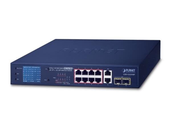 PLANET GSD-1222VHP, Ohanterad, Gigabit Ethernet (10/100/1000), Full duplex, Strömförsörjning via Ethernet (PoE) stöd, Rackmontering, 1U