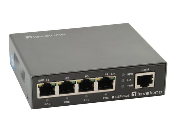 LevelOne GEP-0523 - Switch - 4 x 10/100/1000 (PoE+) + 1 x 10/100/1000 (upplänk) - skrivbordsmodell - PoE+ (60 W) Svart