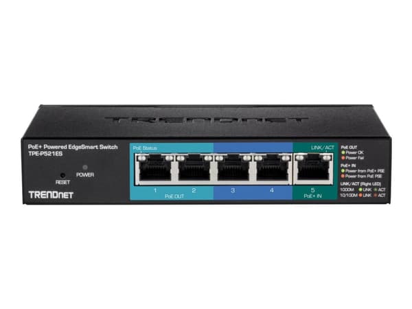TRENDnet TPE P521ES - Switch - smart - 1 x 10/100/1000 (PoE+ input) + 2 x 10/100/1000 (PoE) + 2 x 10/100/1000 - skrivbordsmodell - PoE+ (18 W) - TAA-