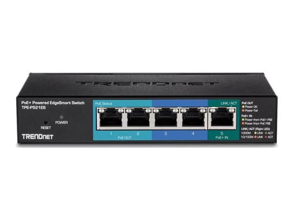 TRENDnet TPE P521ES - Switch - smart - 1 x 10/100/1000 (PoE+ input) + 2 x 10/100/1000 (PoE) + 2 x 10/100/1000 - skrivbordsmodell - PoE+ (18 W) - TAA-