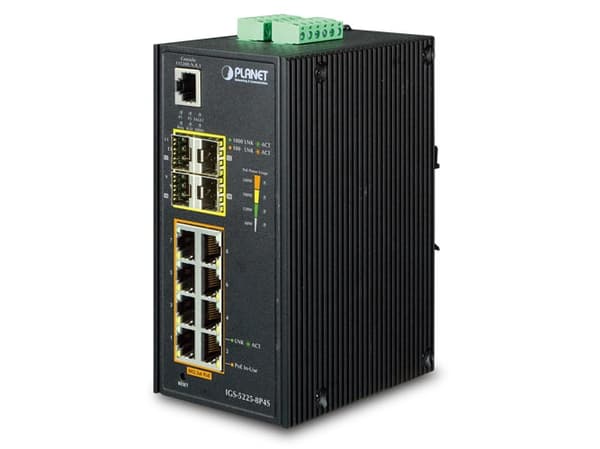 PLANET IGS-5225-8P4S - Switch - L2+ - Styrt - 8 x 10/100/1000 (PoE+) + 4 x Gigabit SFP - DIN-skinnemonterbar, veggmonterbar - PoE+ (240 W) - DC-strøm