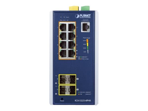 PLANET IGS-5225-8P4S - Switch - L2+ - Styrt - 8 x 10/100/1000 (PoE+) + 4 x Gigabit SFP - DIN-skinnemonterbar, veggmonterbar - PoE+ (240 W) - DC-strøm