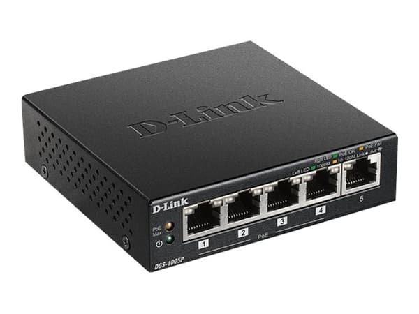 D-Link DGS 1005P - Switch - 5 x 10/100/1000 (4 PoE+) - stasjonær - PoE+ (60 W) Sort