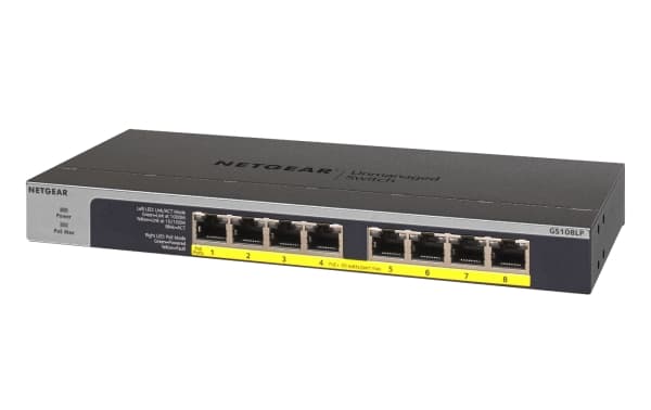 NETGEAR GS108LP - Switch - 8 x 10/100/1000 (PoE+) - skrivbordsmodell, rackmonterbar, väggmonterbar - PoE+ (60 W) - likström