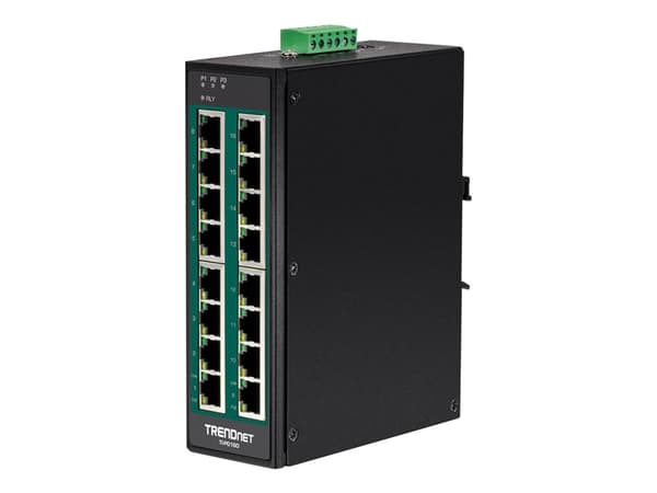 TRENDnet TI-PG160 - Switch - ikke-styrt - 16 x 10/100/1000 (PoE+) - DIN-skinnemonterbar, veggmonterbar - PoE+ (240 W) - TAA-samsvar Sort