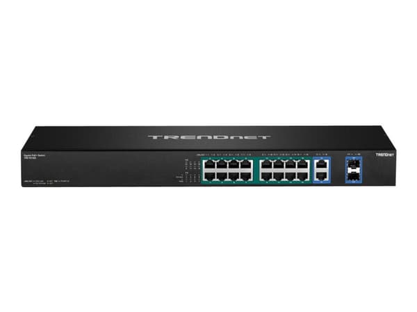 TRENDnet TPE TG182F - Switch - 16 x 10/100/1000 (PoE+) + 2 x kombo for Gigabit Ethernet/Gigabit SFP - rackmonterbar - PoE+ (440 W) - TAA-samsvar Sort