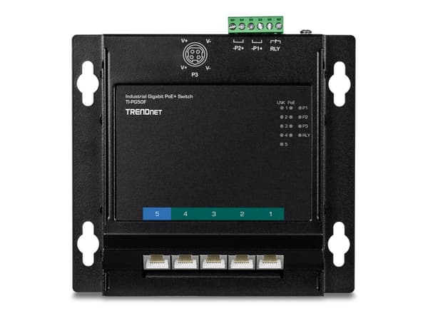 TRENDnet TI-PG50F - Industrial - switch - ohanterad - 5 x 10/100/1000 (PoE+) - DIN-skenmonterbar, väggmonterbar - PoE+ (120 W) - TAA-kompatibel