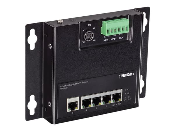 TRENDnet TI-PG50F - Industrial - switch - ohanterad - 5 x 10/100/1000 (PoE+) - DIN-skenmonterbar, väggmonterbar - PoE+ (120 W) - TAA-kompatibel Svart