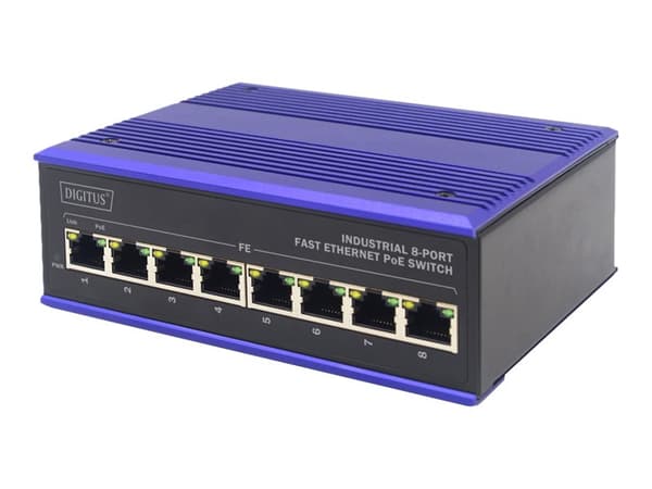 DIGITUS Industrial - Switch - 8 x 10/100 (PoE) - DIN-skinnemonterbar, veggmonterbar - PoE - DC power Sort, Blå
