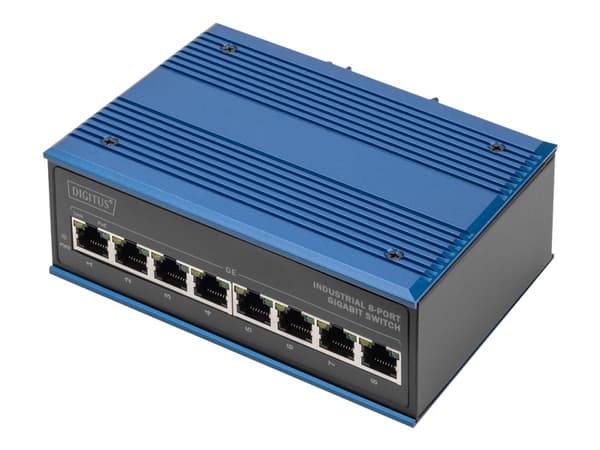 DIGITUS Industrial - Switch - ikke-styrt - 8 x 10/100/1000Base-TX (PoE+) - stasjonær, DIN-skinnemonterbar - PoE+ Sort, Blå