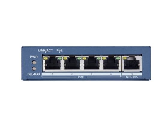 Hikvision DS-3E0505P-E - Switch - ohanterad - 4 x 10/100/1000 (PoE+) + 1 x 10/100/1000 (upplänk) - skrivbordsmodell - PoE+ (60 W) - Likström