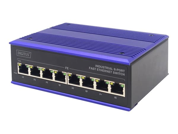 DIGITUS Professional DN-650106 Industrial - Switch - ohanterad - 8 x 10/100 - DIN-skenmonterbar - Likström Svart, Blå