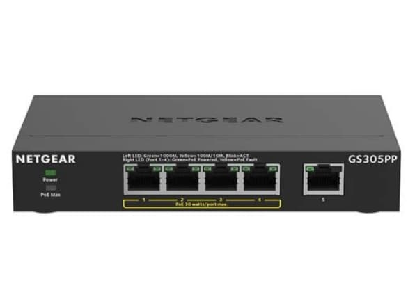 NETGEAR GS305PP - Switch - ikke-styrt - 5 x 10/100/1000 (4 PoE) - stasjonær, veggmonterbar - PoE (83 W) - DC-strøm