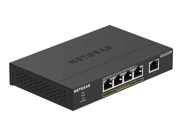 NETGEAR GS305PP - Switch - ikke-styrt - 5 x 10/100/1000 (4 PoE) - stasjonær, veggmonterbar - PoE (83 W) - DC-strøm Svart