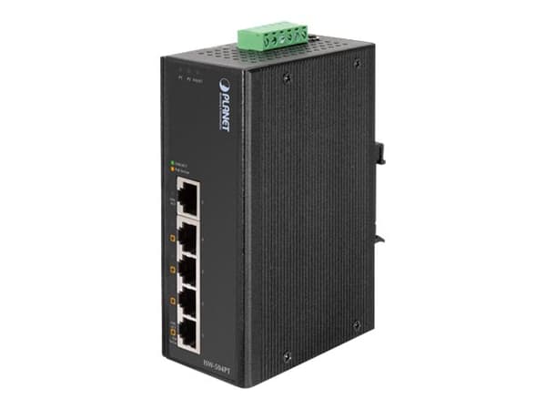 PLANET ISW-504PT - Switch - 4 x 10/100 (PoE) + 1 x 10/100 - DIN-skinnemonterbar, veggmonterbar - PoE - DC-strøm Sort
