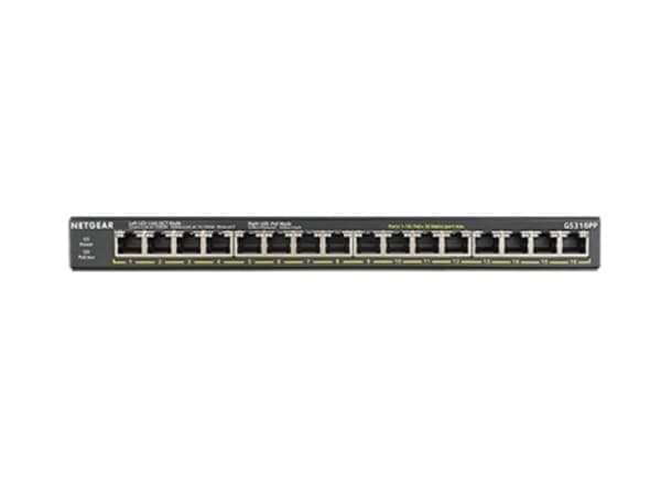 NETGEAR GS316PP - Switch - ohanterad - 16 x 10/100/1000 (PoE+) - skrivbordsmodell, väggmonterbar - PoE+ (183 W)