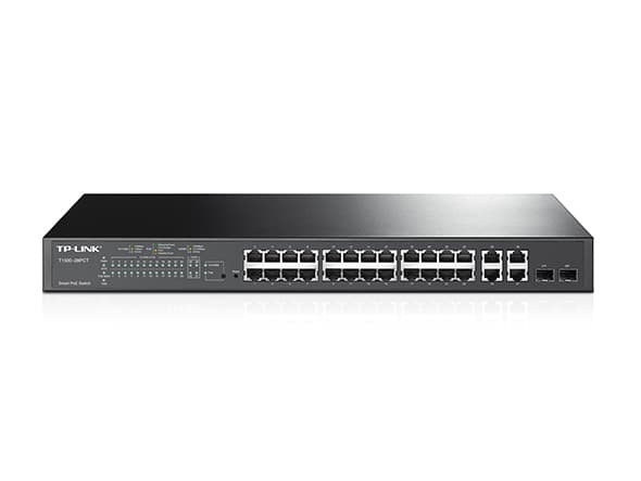 TP-Link Smart PoE Switch T1500-28PCT - Switch - 24 x 10/100 (PoE) + 2 x SFP + 4 x 10/100/1000 - rackmonterbar - PoE