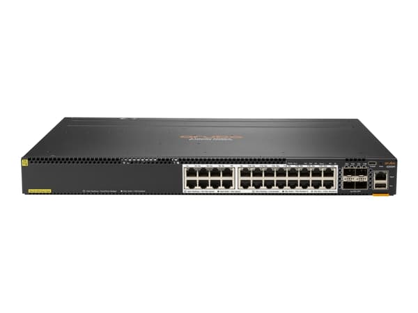 HPE Aruba 6300M - Switch - L3 - Administrerad - 24 x 1/2.5/5/10GBase-T + 4 x 1 Gb/10 Gb/25 Gb/50 Gb SFP56 (upplänk/stapling) - framsidan och sida til