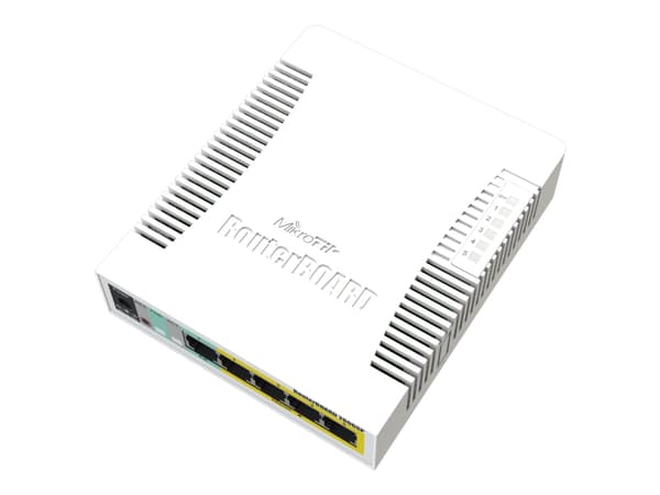 MikroTik RouterBOARD RB260GSP - Switch - Administrerad - 1 x 10/100/1000 (PoE) + 4 x 10/100/1000 (PoE-genomströmning) + 1 x SFP - skrivbordsmodell - Vit
