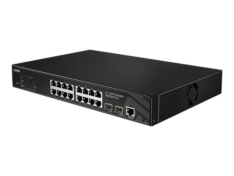 Lindy - Switch - Styrt - 16 x 10/100/1000 (PoE+) + 2 x SFP+ (uplink) - rackmonterbar - PoE+ (235 W)