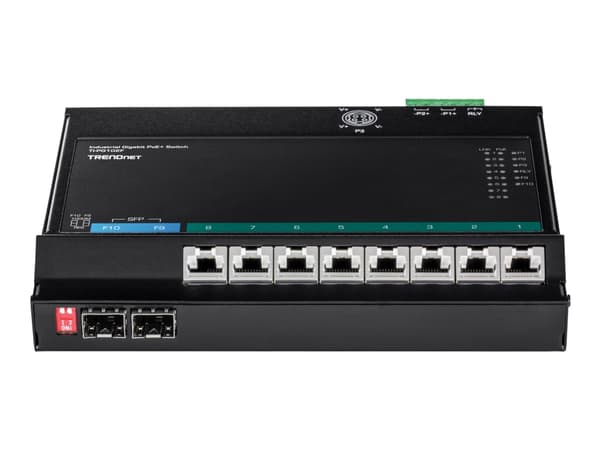 TRENDnet TI-PG102F - Industrial - switch - 8 x 10/100/1000 (PoE+) + 2 x kombinations-Gigabit SFP - DIN-skenmonterbar, väggmonterbar - PoE+ (240 W) -