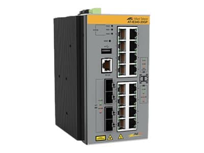 Allied Telesis AT IE340-20GP - Switch - L3 - Administrerad - 8 x 10/100/1000 (PoE+) + 8 x 10/100/1000 (PoE) + 4 x Gigabit SFP - DIN-skenmonterbar, vä Grå