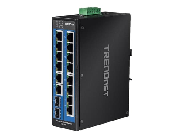 TRENDnet TI-G162 - Switch - ikke-styrt - 14 x 10/100/1000 + 2 x Gigabit SFP - DIN-skinnemonterbar, veggmonterbar - DC-strøm - TAA-samsvar Sort